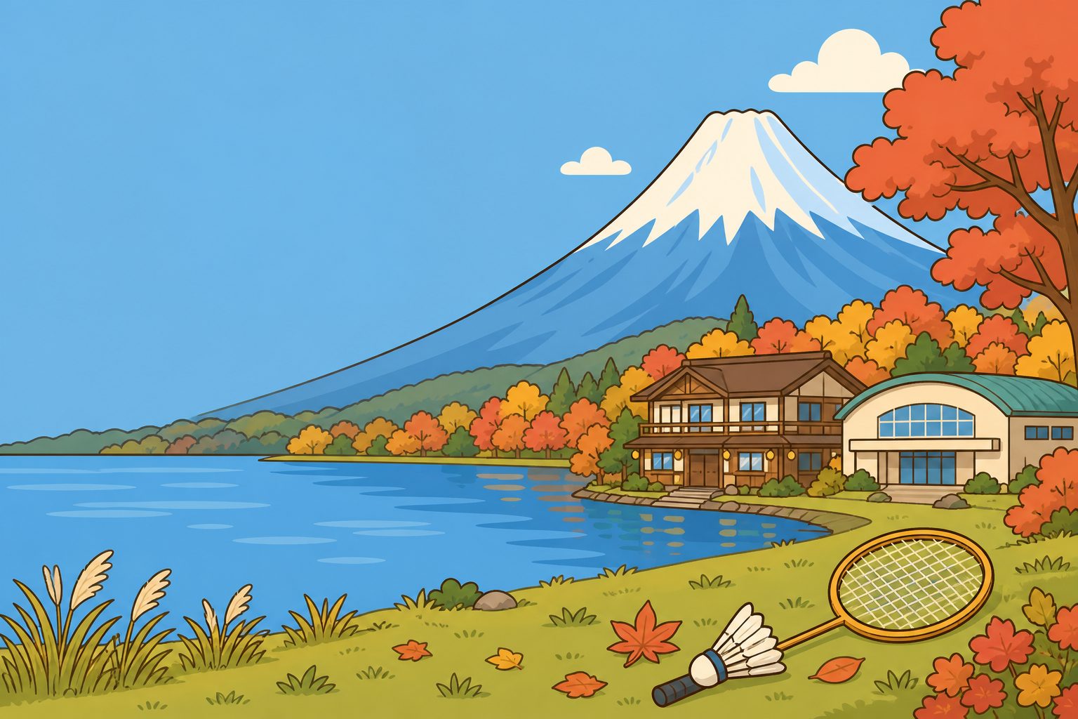 山中湖と富士山、湖畔の宿と体育館