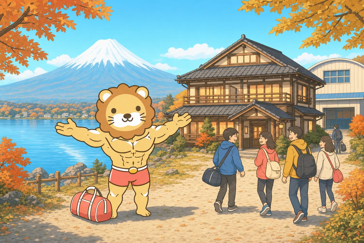 富士山を背にした湖畔の宿に到着