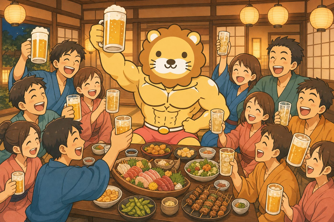 広間で乾杯